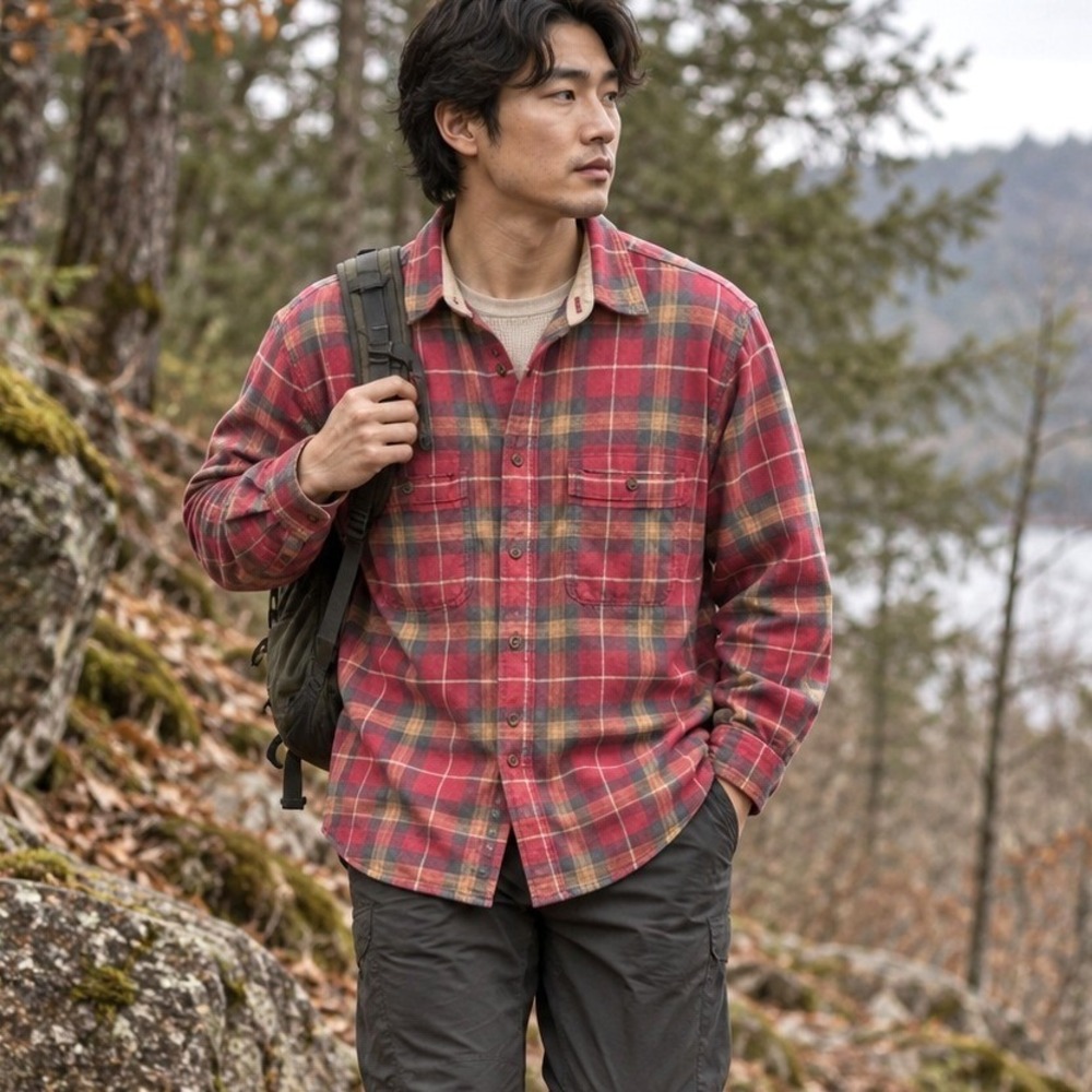 VTG SaftBak Red Grey Plaid Flannel Shirt 100% Cotton Medium Weight Long Sleeve L